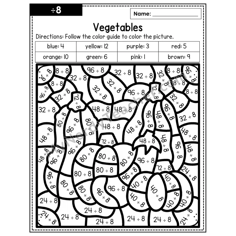 Division Color by Number — ÷8 — Vegetables (Page 5)