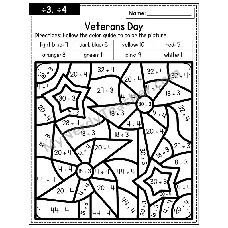 Division Color by Number — ÷3, ÷4 — Veteran's Day (Page 2)