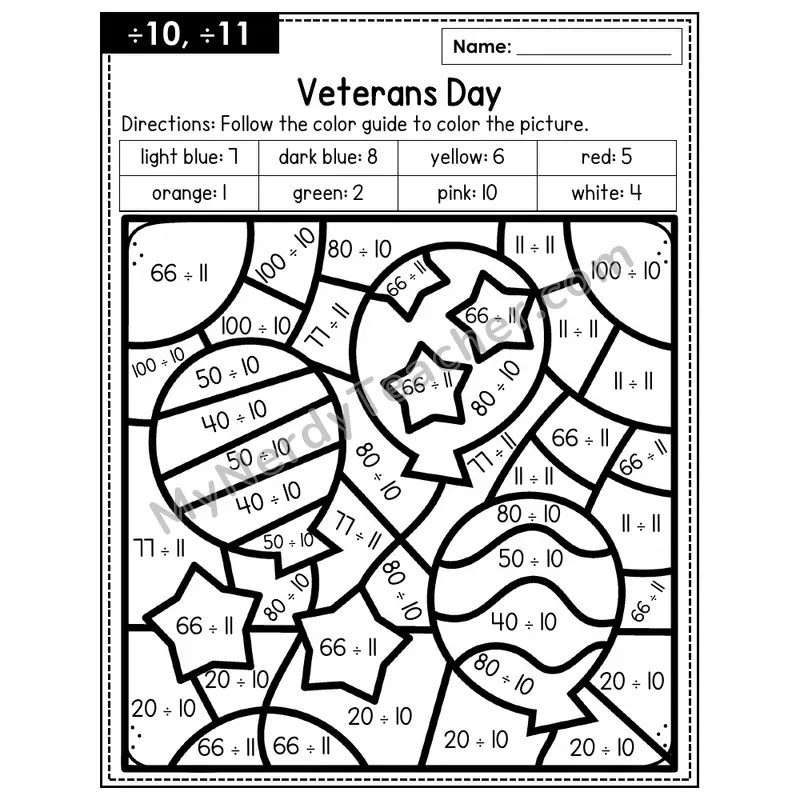 Division Color by Number — ÷10, ÷11 — Veteran's Day (Page 7)