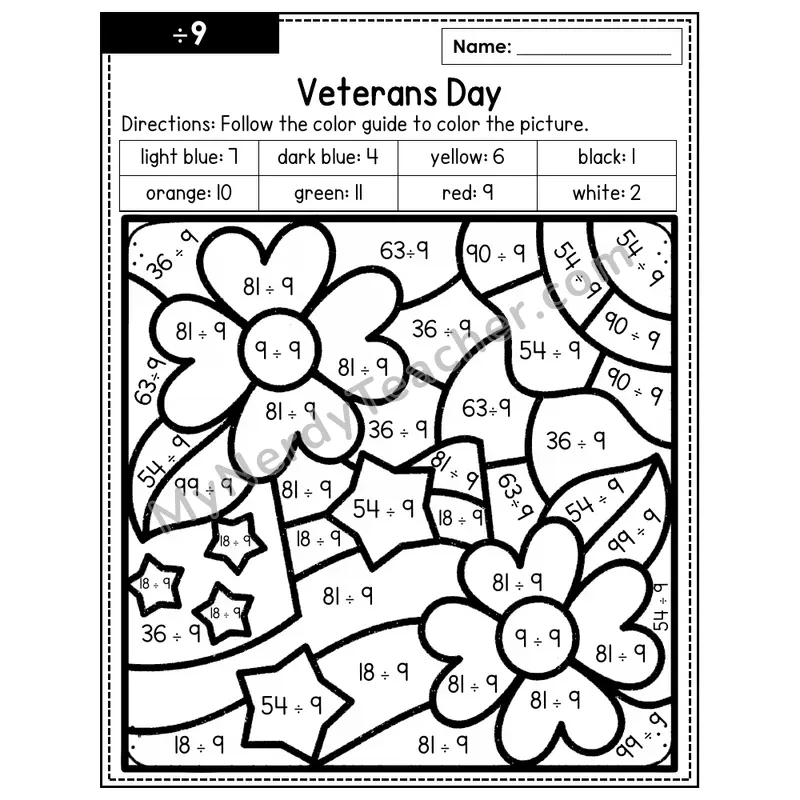 Division Color by Number — ÷9 — Veteran's Day (Page 6)