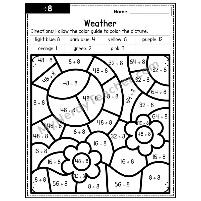 Division Color by Number — ÷8 — Weather (Page 5)