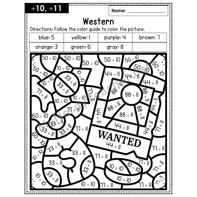 Division Color by Number — ÷10, ÷11 — Western (Page 7)