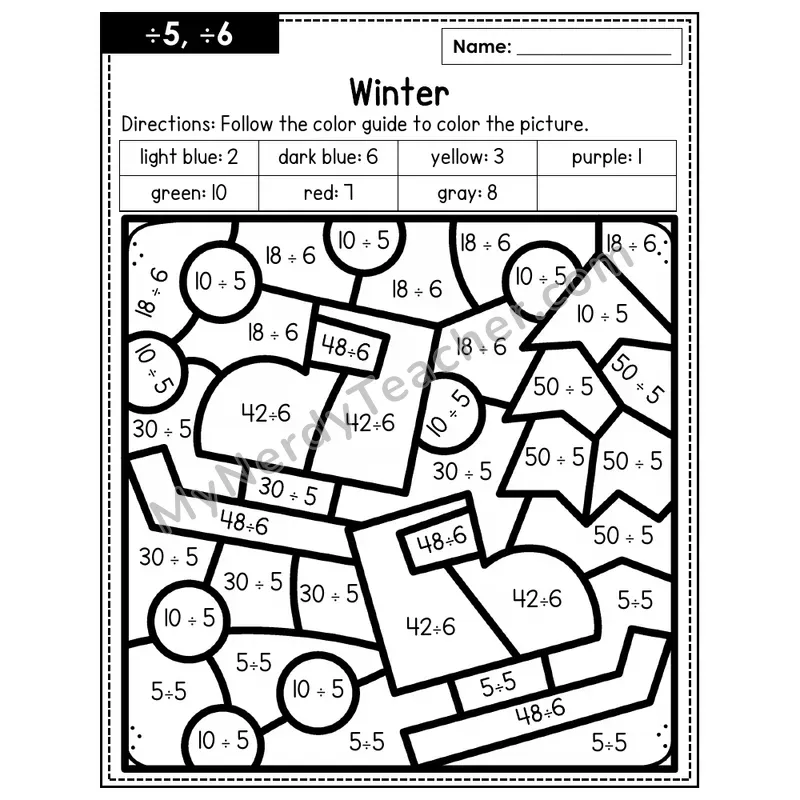 Division Color by Number — ÷5, ÷6 — Winter (Page 3)