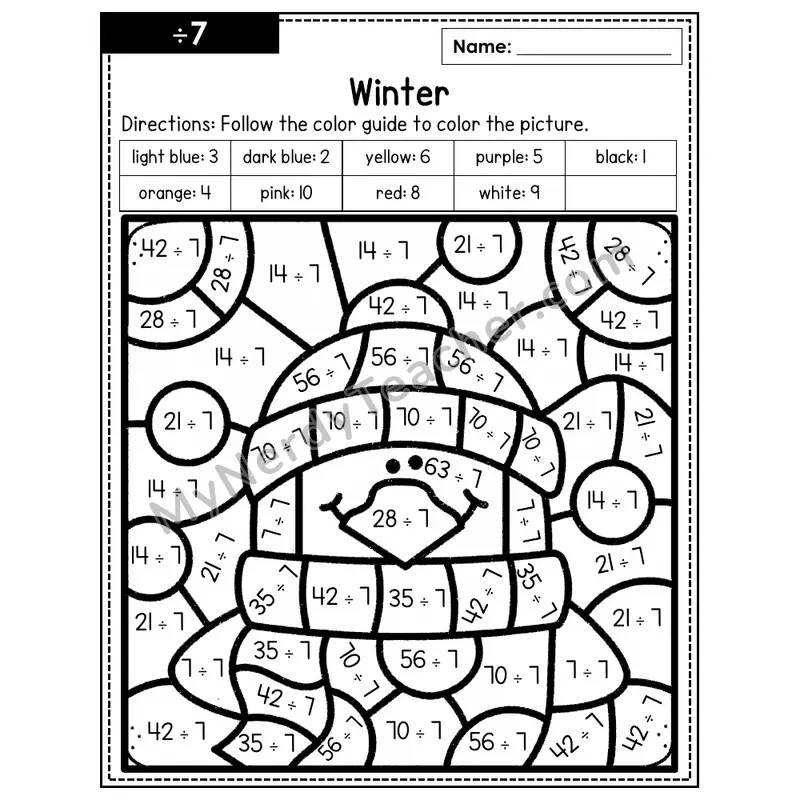 Division Color by Number — ÷7 — Winter (Page 4)