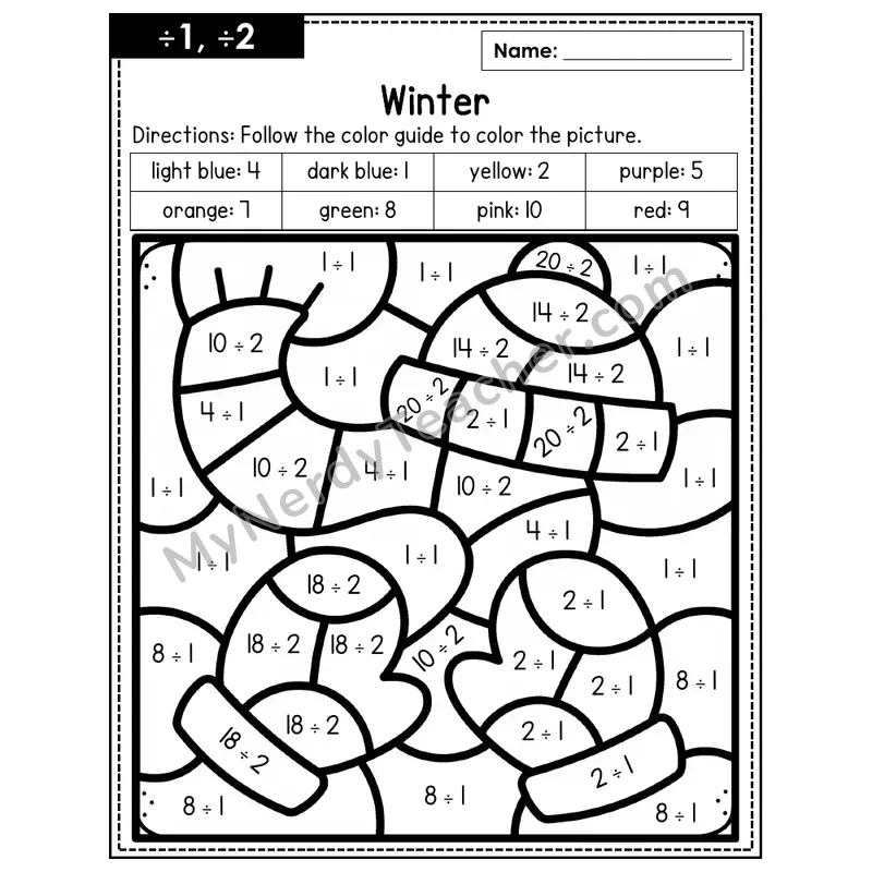 Division Color by Number — ÷1, ÷2 — Winter (Page 1)