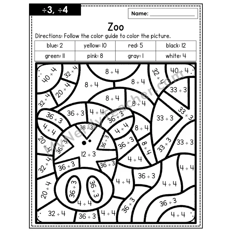 Division Color by Number — ÷3, ÷4 — Zoo (Page 2)