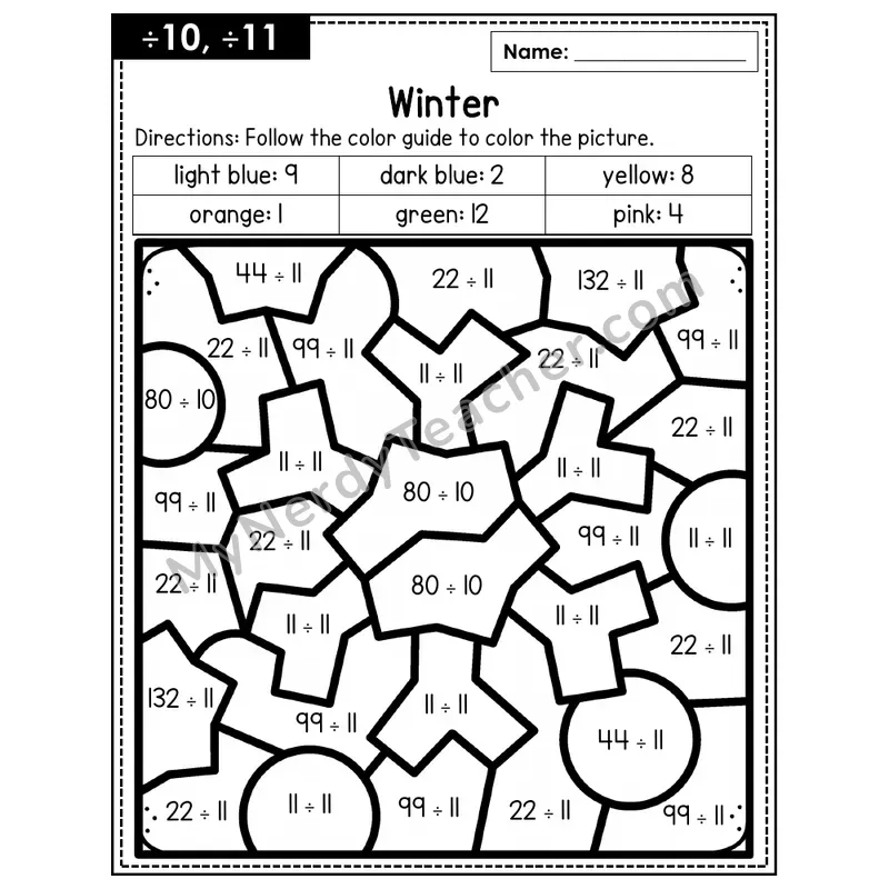 Division Color by Number — ÷10, ÷11 — Winter (Page 7)