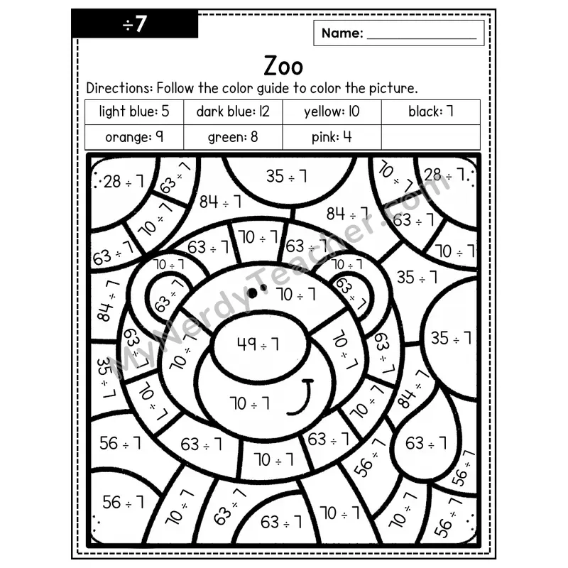Division Color by Number — ÷7 — Zoo (Page 4)