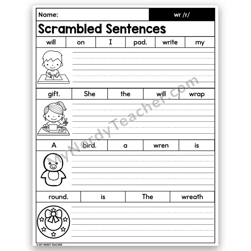 Silent wr Scrambled Sentences — Build & Write /r/ Words