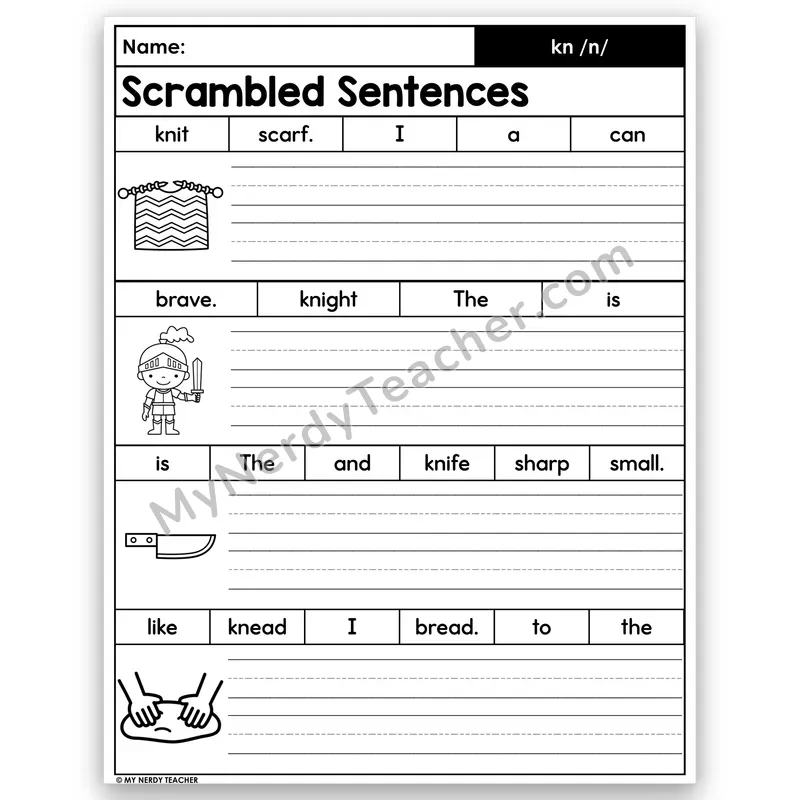 Silent kn Scrambled Sentences — Build & Write /n/ Words
