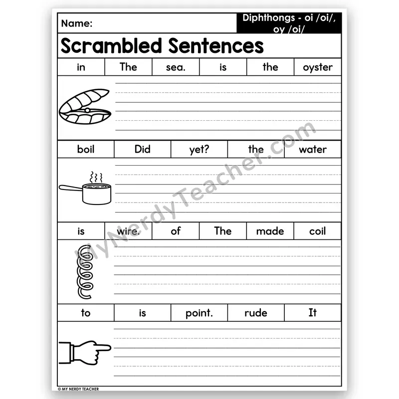 Diphthongs oi & oy Scrambled Sentences — /oi/ Sound