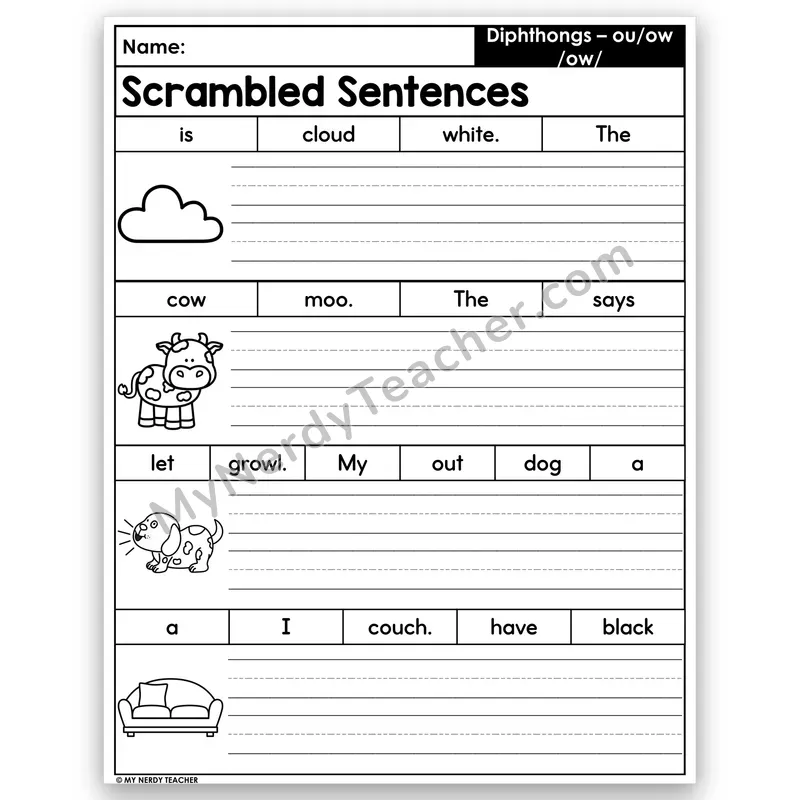 Diphthongs ou & ow Scrambled Sentences — /ow/ Sound