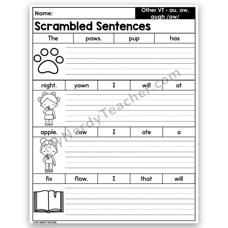 au, aw & augh Scrambled Sentences — /aw/ Vowel Teams