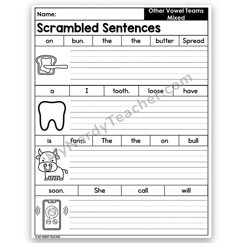 Other Vowel Teams Scrambled Sentences — oo, ew, au, aw Mix