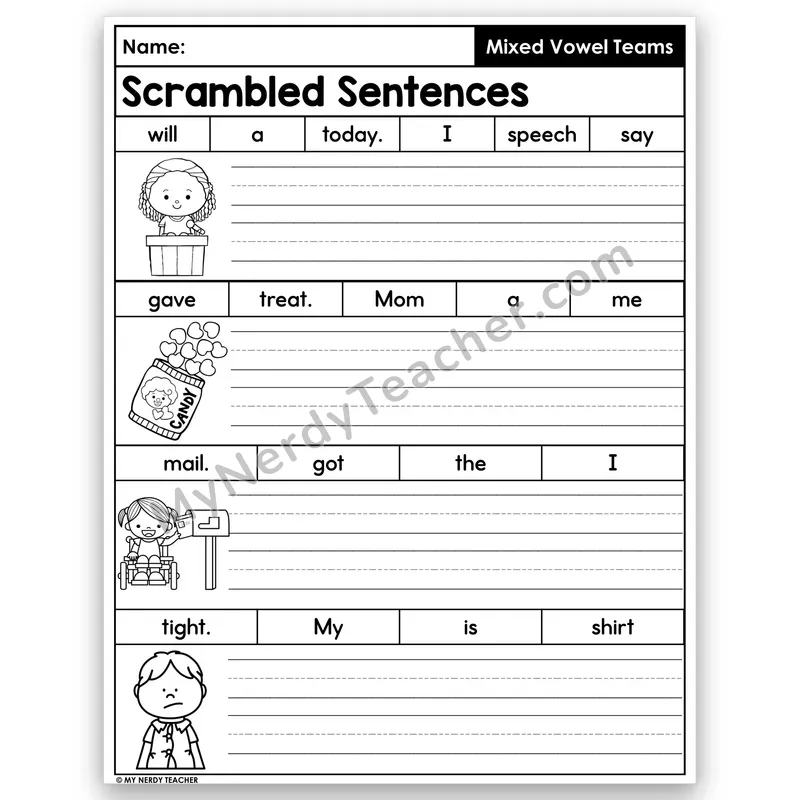 Mixed Long Vowel Teams Scrambled Sentences — ai, ee, oa, igh