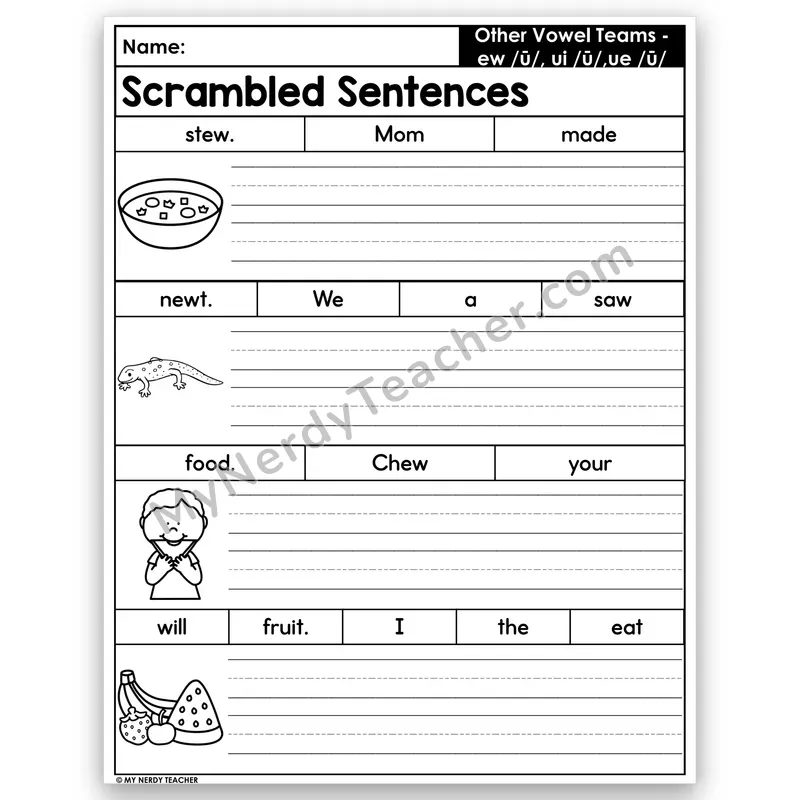 ew, ui & ue Scrambled Sentences — Long /oo/ Vowel Teams