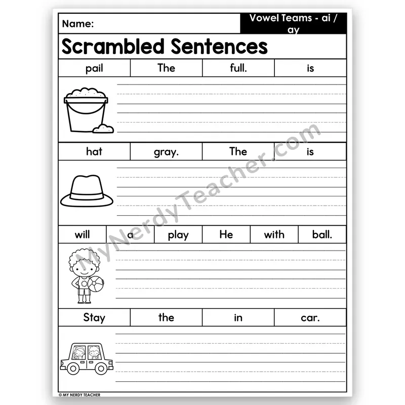 ai & ay Scrambled Sentences — Long a Vowel Teams