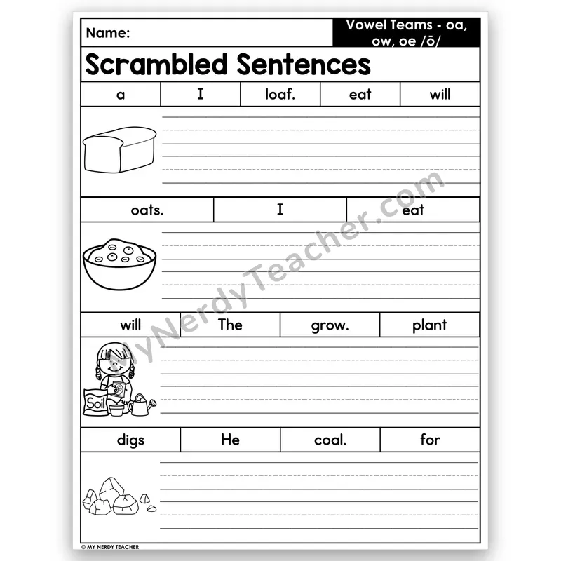 oa, ow & oe Scrambled Sentences — Long o Vowel Teams
