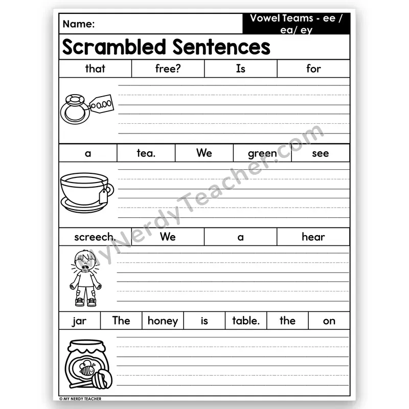 ee, ea & ey Scrambled Sentences — Long e Vowel Teams
