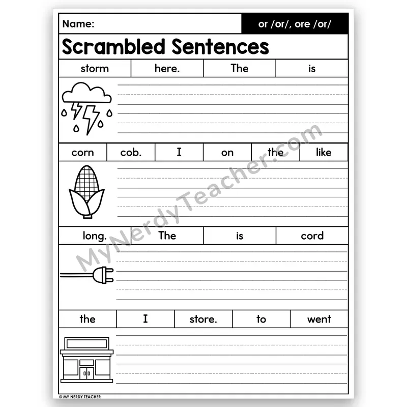 or & ore Scrambled Sentences — R-Controlled Vowels
