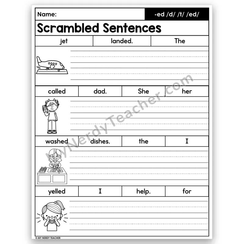 -ed Endings Scrambled Sentences — /d/ /t/ /ed/ Sounds