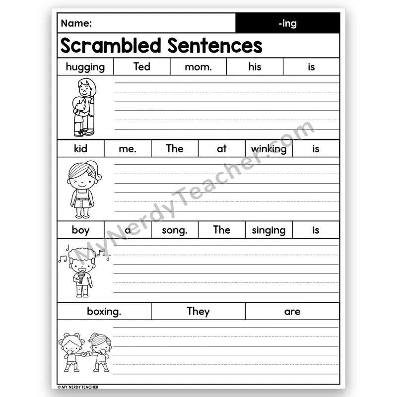 -ing Endings Scrambled Sentences — Inflectional Endings