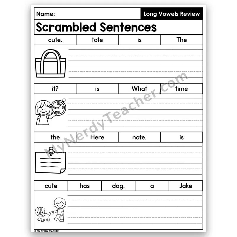 Long Vowels (Silent e) Review Scrambled Sentences — VCe Mix
