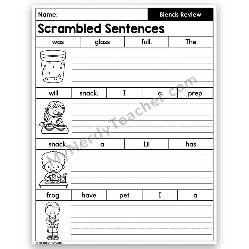 Consonant Blends Review Scrambled Sentences — Build a Sentence