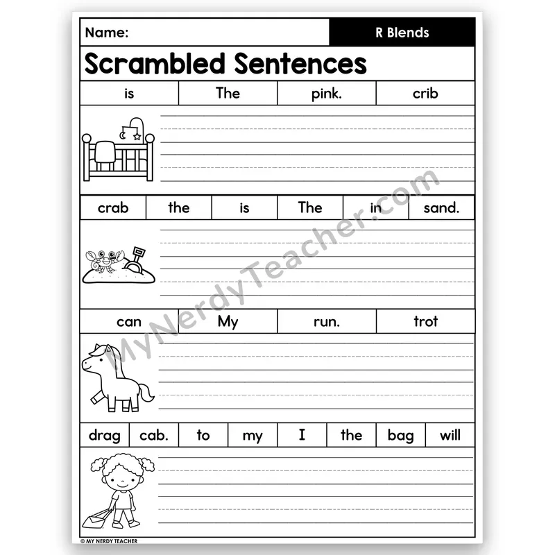 R-Blends Scrambled Sentences — Build & Write Blend Words