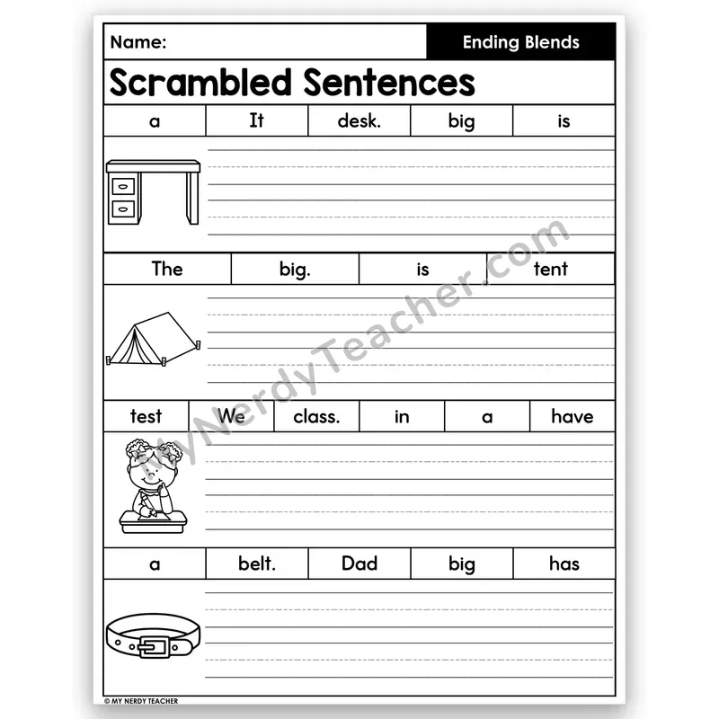 Ending Blends Scrambled Sentences — Final Consonant Blends