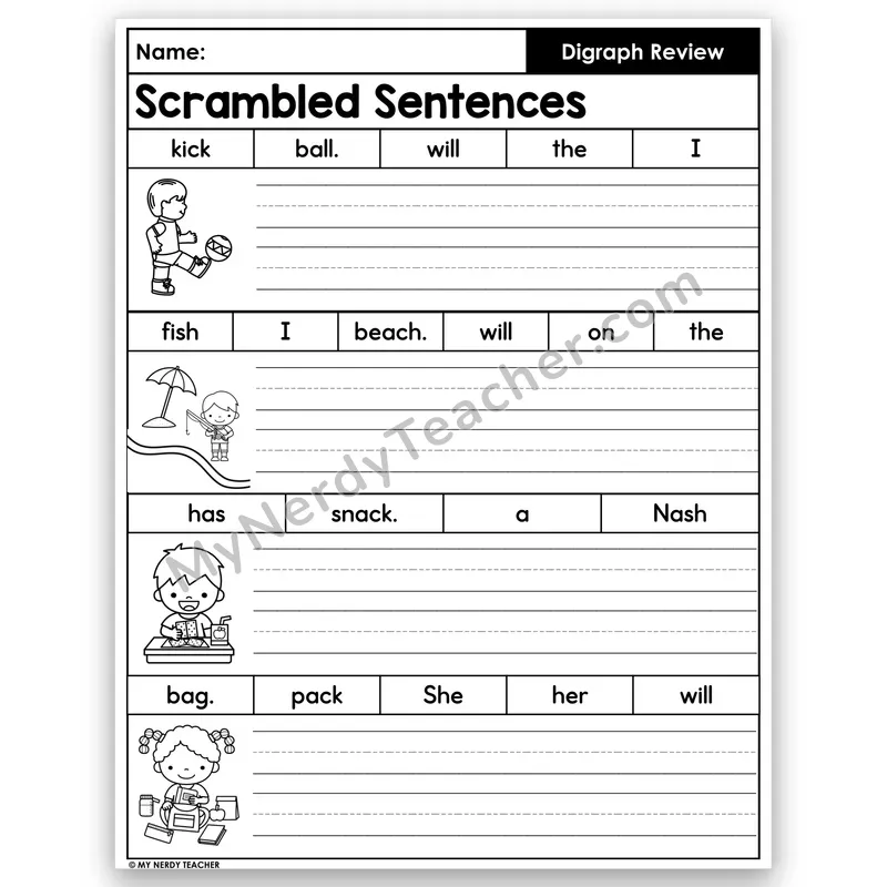 Digraphs Review Scrambled Sentences — sh, ch, th, wh, ck