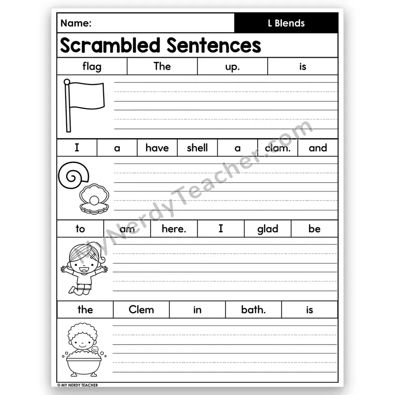 L-Blends Scrambled Sentences — Build & Write Blend Words