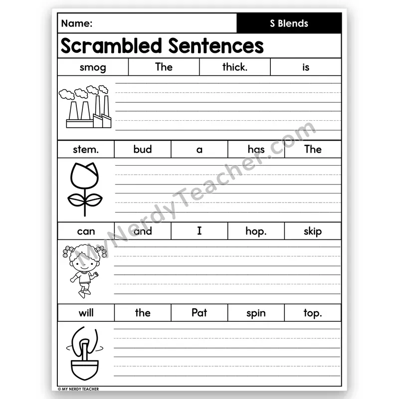 S-Blends Scrambled Sentences — Build & Write Blend Words