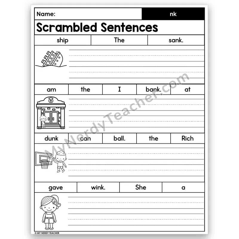 nk Glued Sound Scrambled Sentences — Build & Write