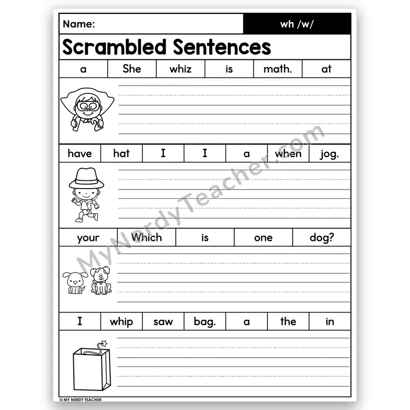 wh /w/ Digraph Scrambled Sentences — Build & Write