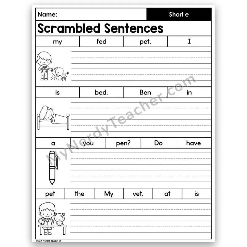 Short e Scrambled Sentences — CVC Word Building