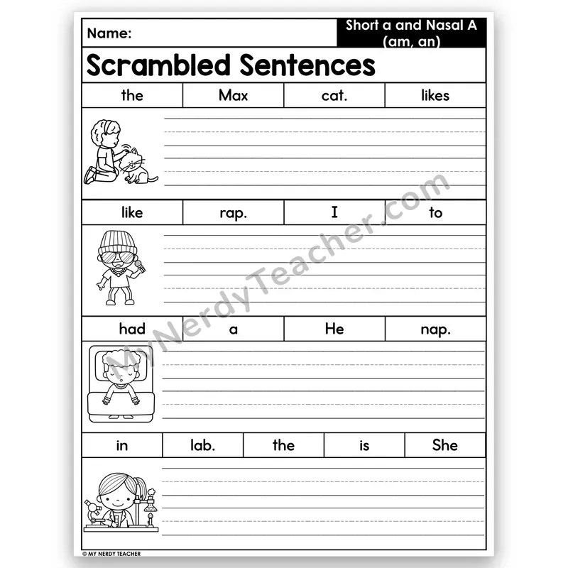Short a & Nasal a (am, an) Scrambled Sentences — CVC Building