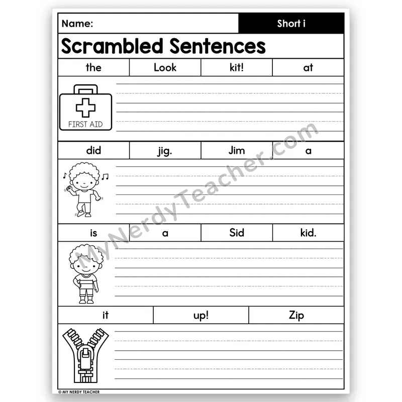 Short i Scrambled Sentences — CVC Word Building