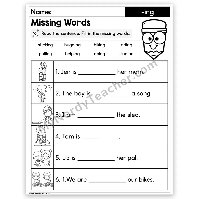 Suffix -ing Decodable Sentences — Missing Words Worksheet