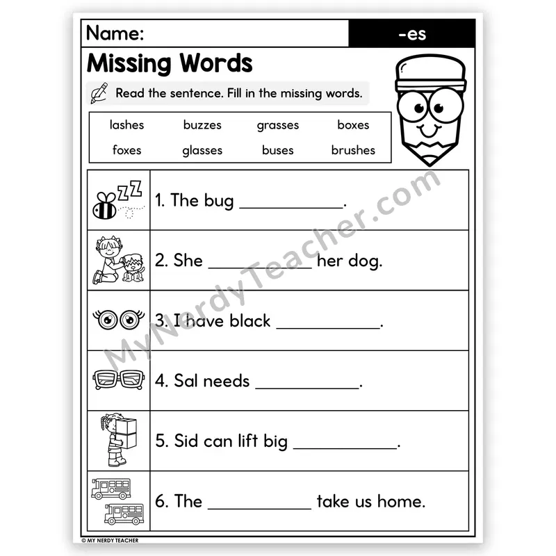 Suffix -es Decodable Sentences — Missing Words Worksheet
