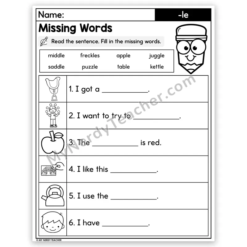 Consonant -le Decodable Sentences — Missing Words Worksheet