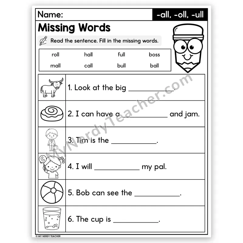 Glued Sounds -all, -oll, -ull Decodable Sentences — Missing Words Worksheet