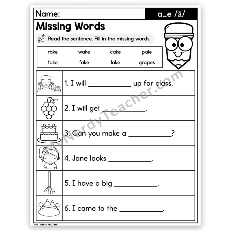 Silent E a_e (Long A) Decodable Sentences — Missing Words Worksheet