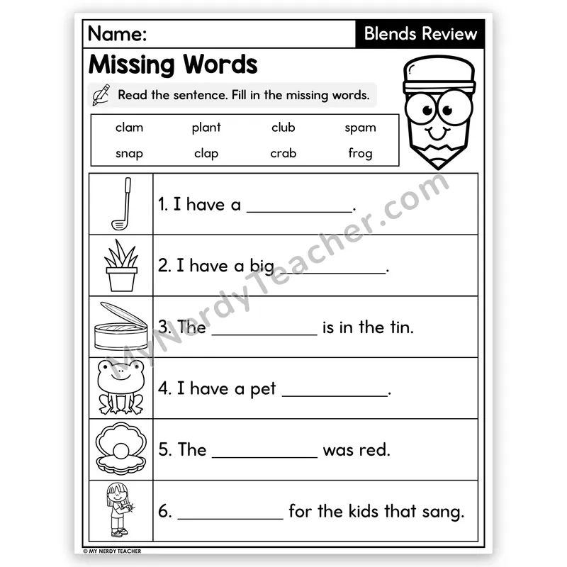 Consonant Blends Review Decodable Sentences — Missing Words Worksheet