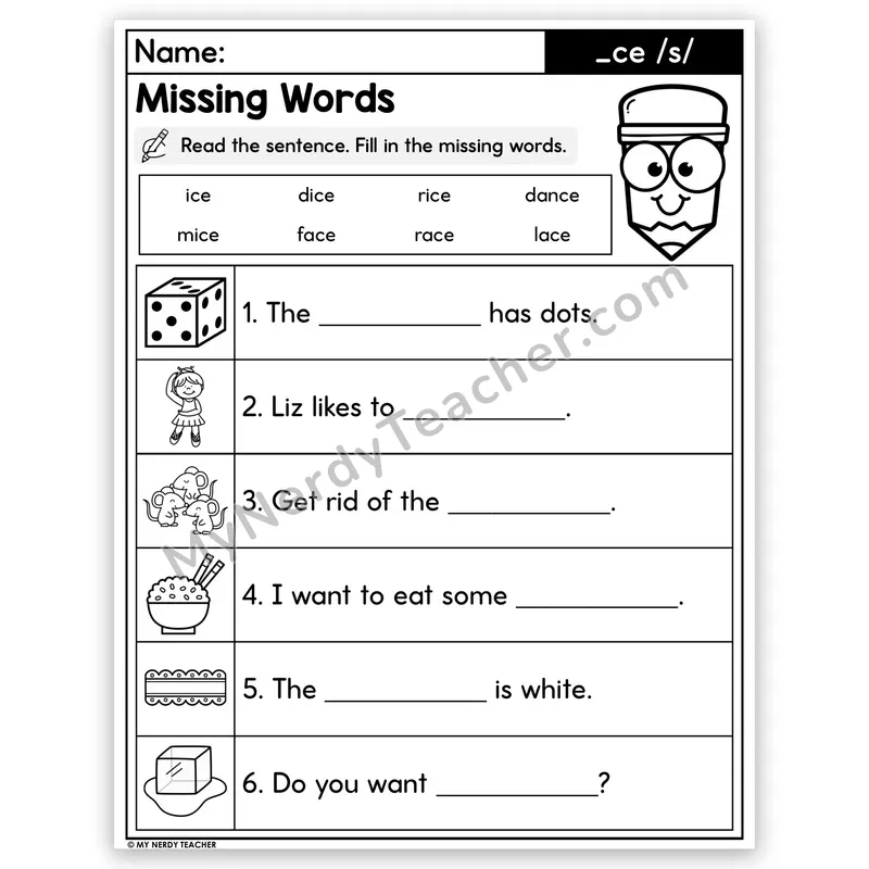 Soft C (_ce) Decodable Sentences — Missing Words Worksheet