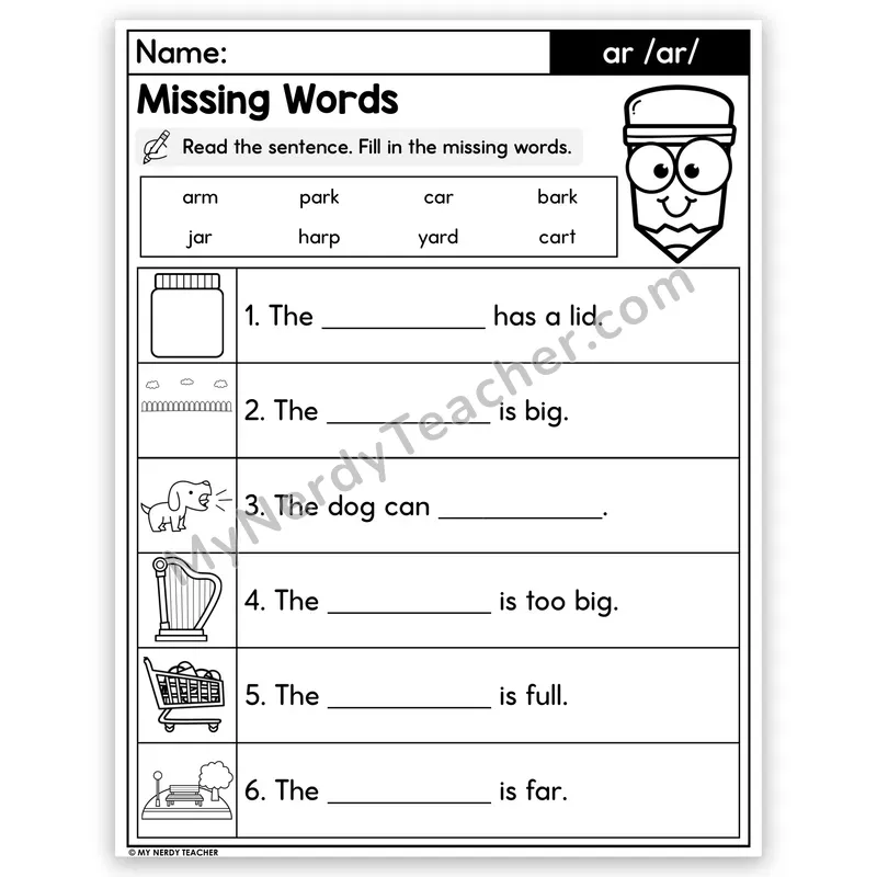 R-Controlled AR Decodable Sentences — Missing Words Worksheet