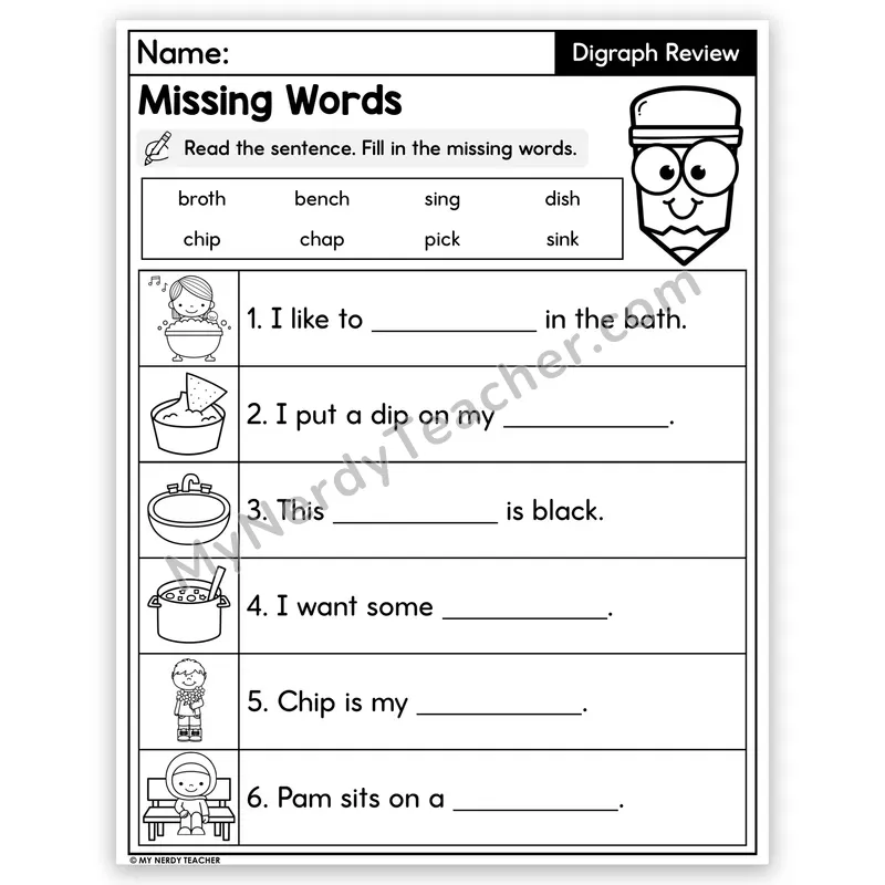 Digraphs Review Decodable Sentences — Missing Words Worksheet