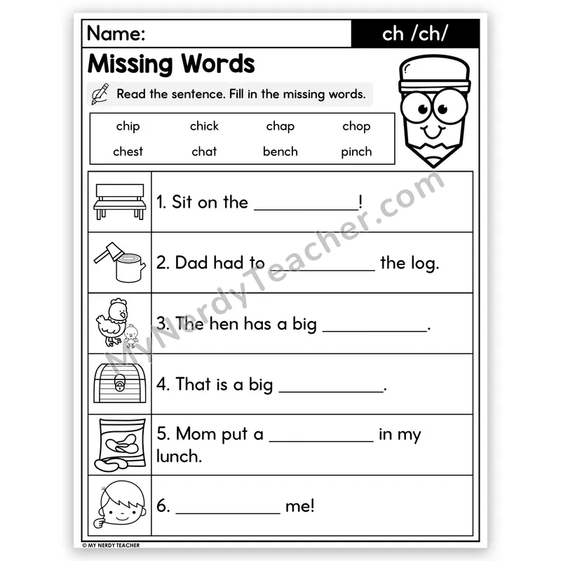 CH Digraph Decodable Sentences — Missing Words Worksheet