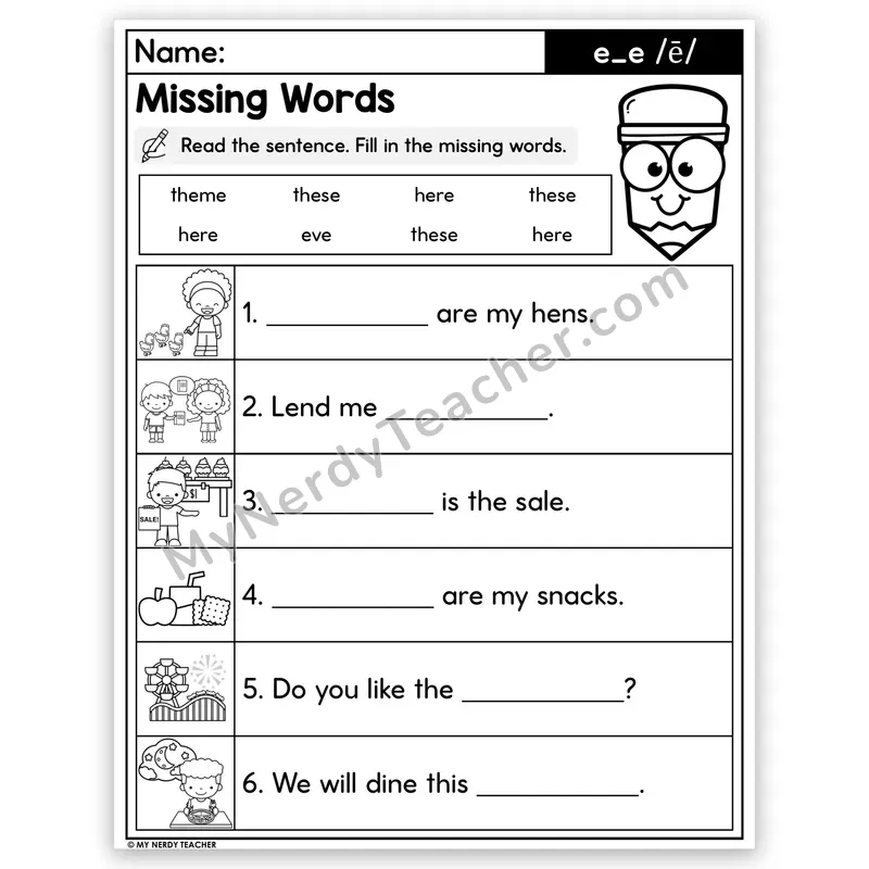 Silent E e_e (Long E) Decodable Sentences — Missing Words Worksheet