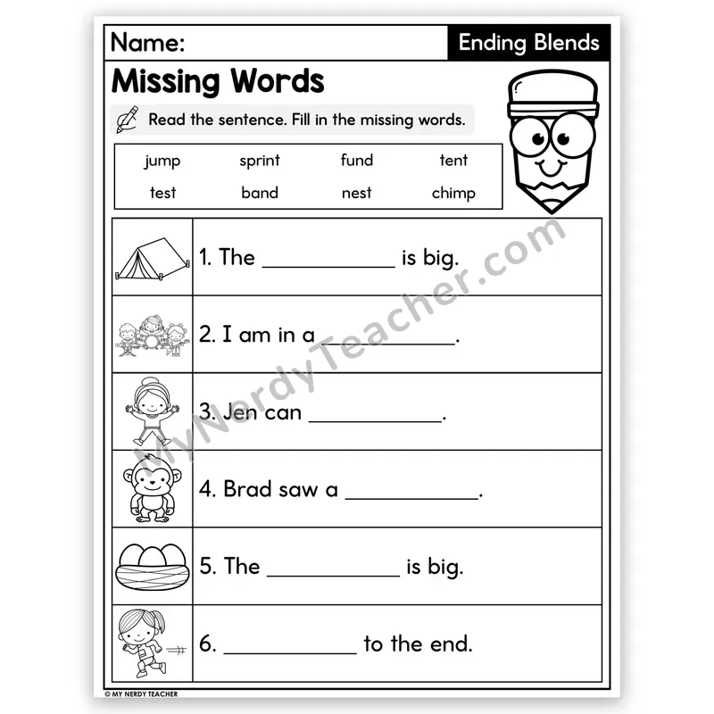 Ending Blends Decodable Sentences — Missing Words Worksheet